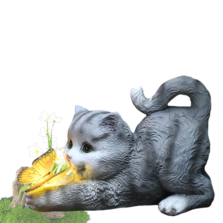 Katzen Deko Gartenfiguren mit Schmetterlinge LED Solarlampen, Wetterfest Solar-Katzenstatue für Drau