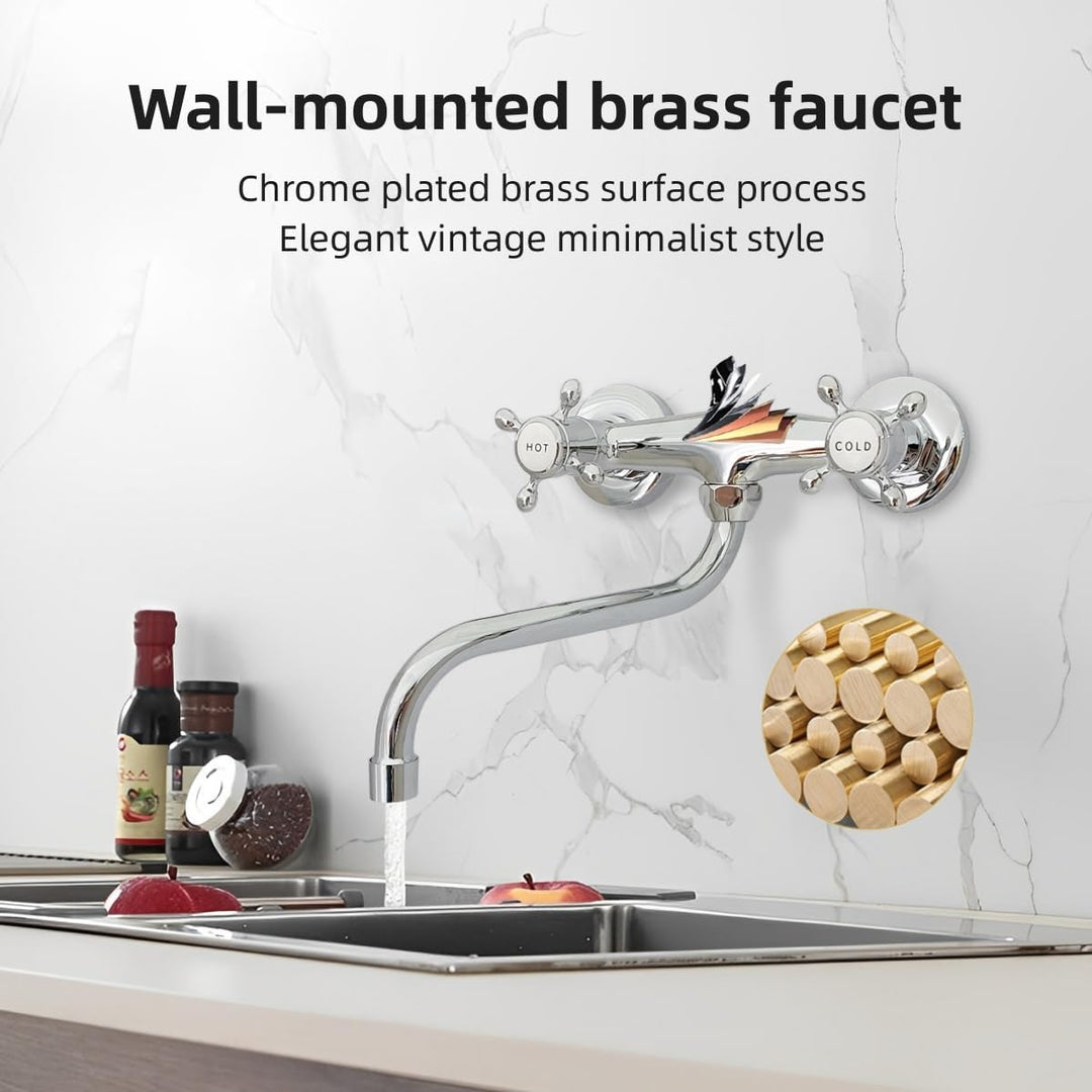 Mischbatterie Küche Wandmontage Chrom, 360°Drehbar Doppelgriff Wasserhahn Küche Messing, Wand Spülti