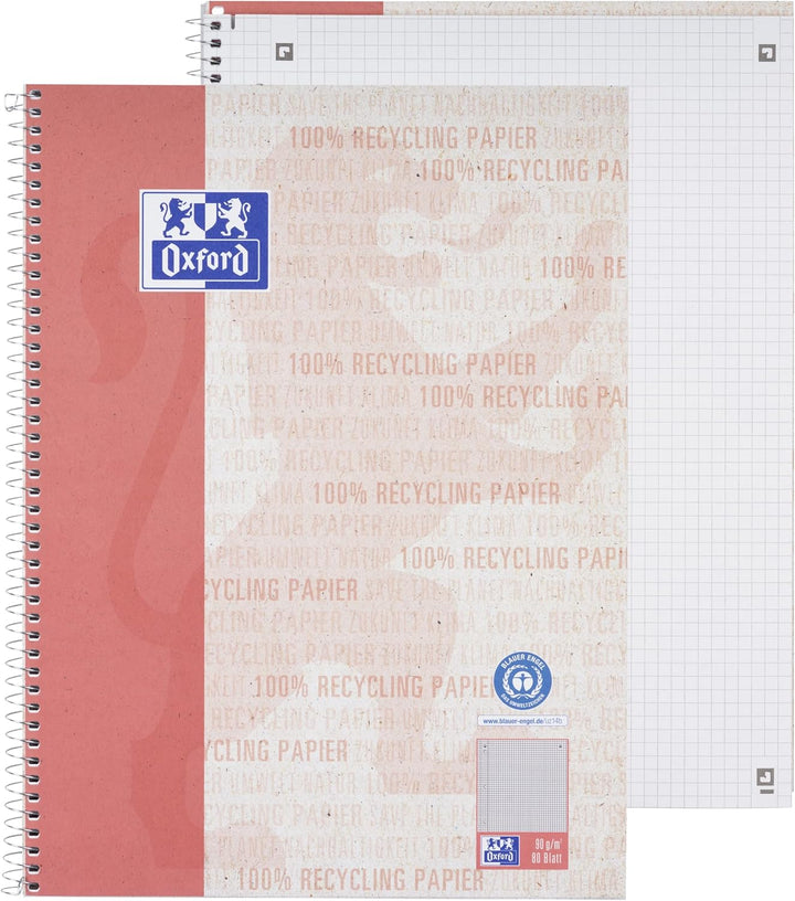 Oxford Recycling Collegeblock A4 kariert Rand links, 80 Blatt, 10 Stück A4 kariert mit Rand links, A