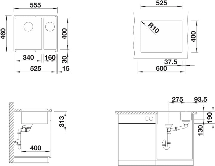 BLANCO SUBLINE 340/160-U | SILGRANIT felsgrau | Einbauart: Unterbau | Hauptbecken rechts | ohne Abla