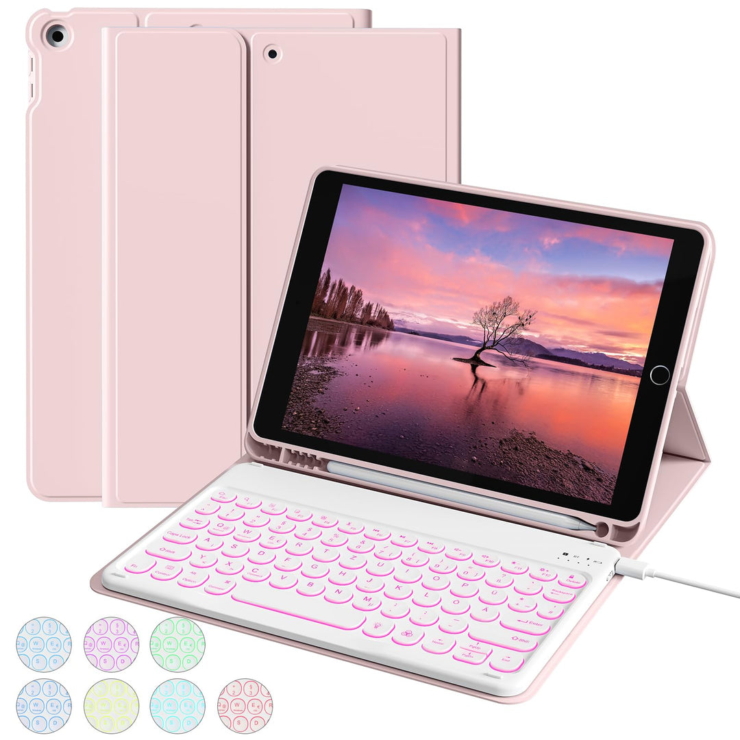 aoub Hülle mit Tastatur für iPad 9./ 8. / 7. Generation, Beleuchtete Tastatur mit Hülle für iPad 10,