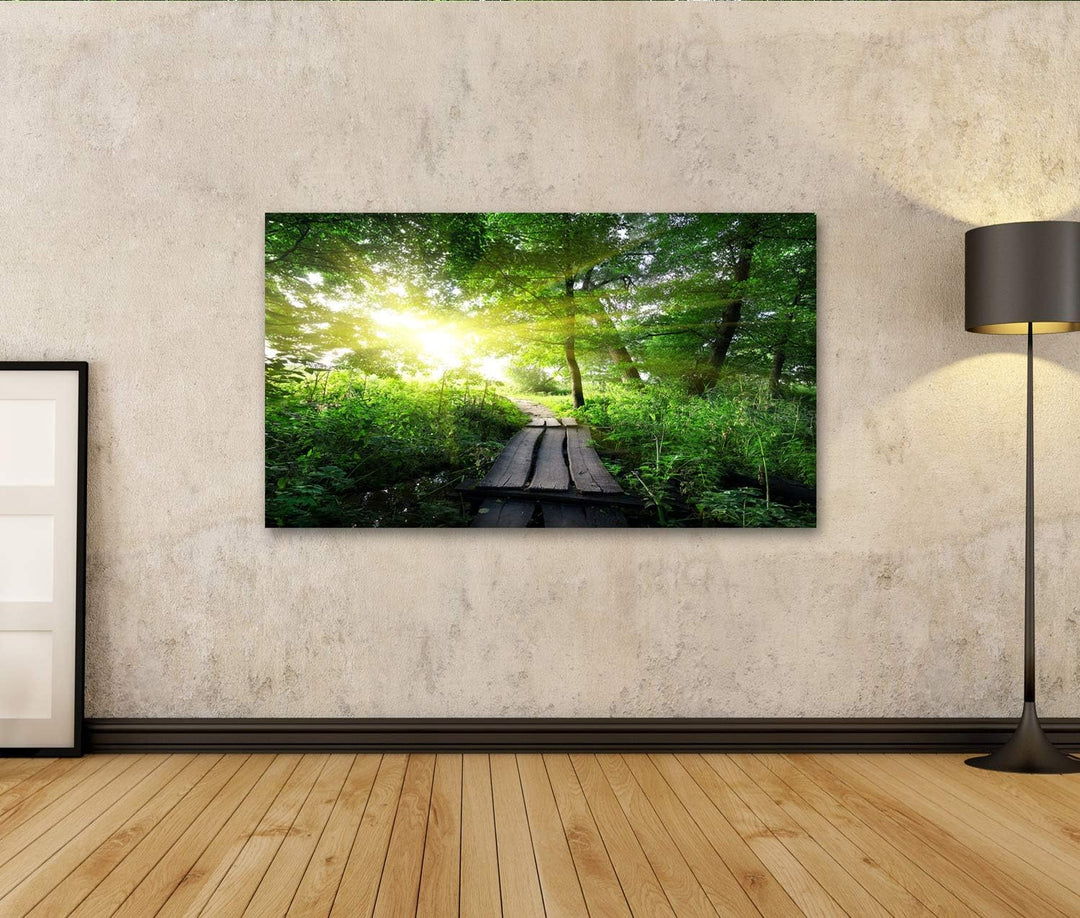 islandburner Bild auf Leinwand Hölzerne Brücke Wald Sonnenaufgang Bilder Wandbilder Poster, 80L x 40