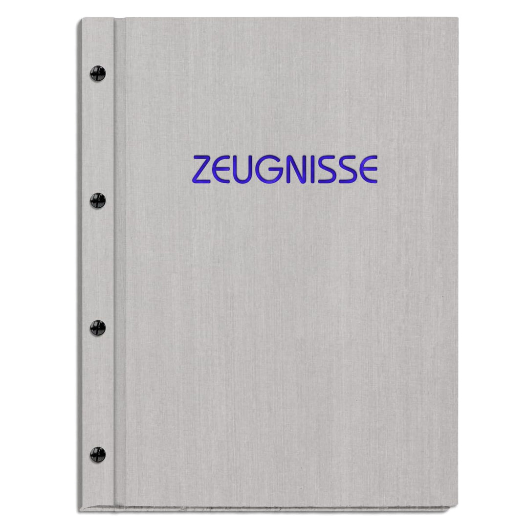 Zeugnismappe im grauen Einband in Leinenoptik mit hochwertigem Prägedruck in verschiedenen Farben –