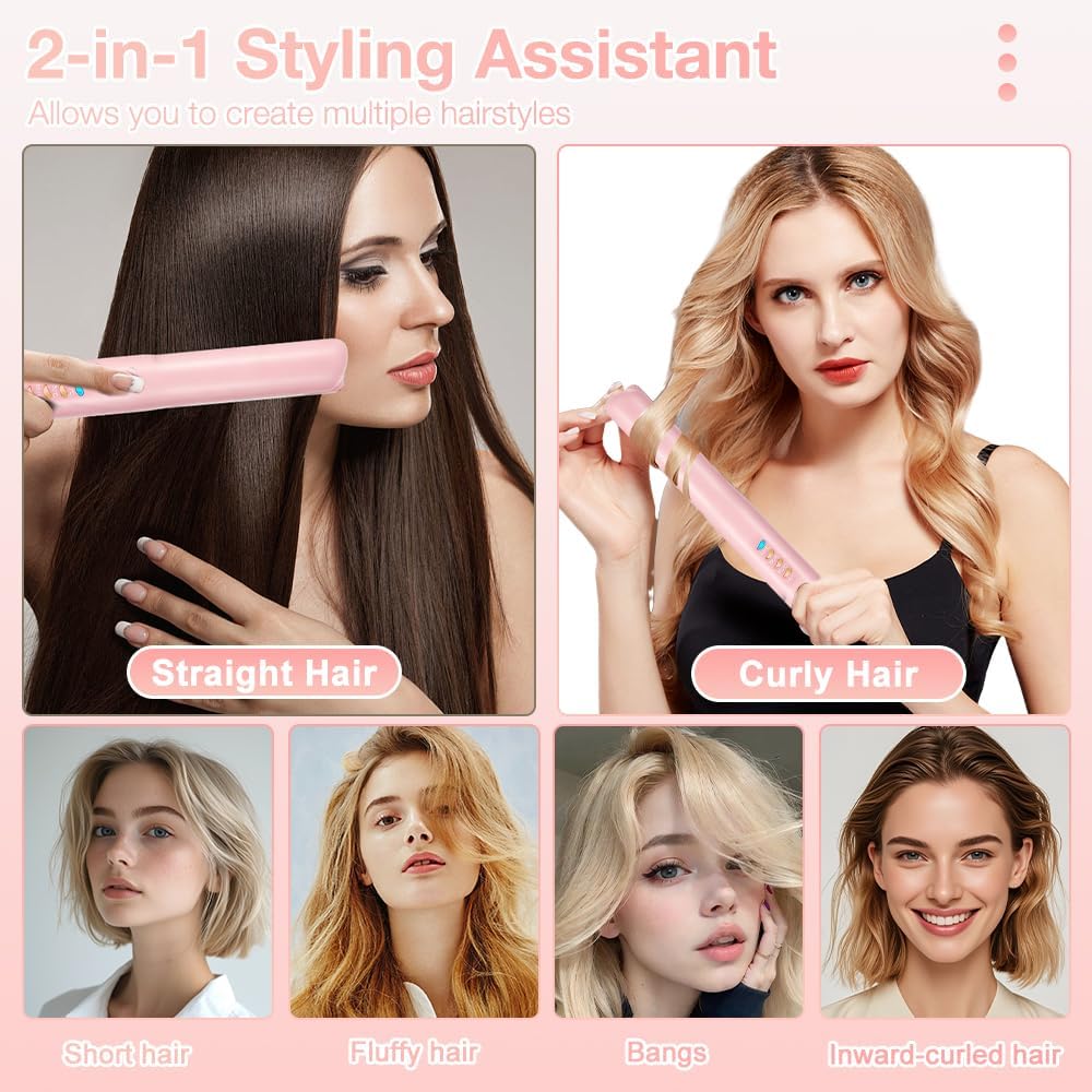 2 In 1 Mini Glätteisen Kabellos und Lockenstab, Hair Straightener, 4 Temperaturen, Wiederaufladbare