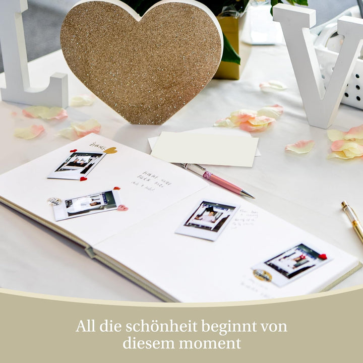 Hyggartn Gästebuch Beige – Leinen Hardcover Gästebuch mit Goldprägung, 100 Seiten Blanko – Dekorativ