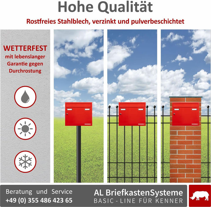 AL Briefkasten Systeme Basic 1er Briefkasten in RAL 3000 Feuerrot 1 Fach DIN A4 Postkasten wetterfes