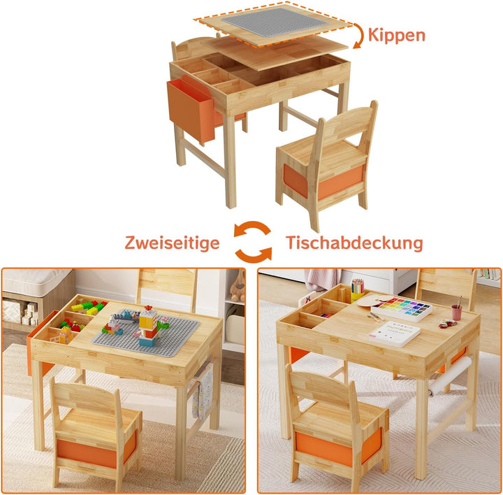 Kindertisch mit 2 Stühlen – Bausteine-Tisch aus Naturholz, Spieltisch mit Schublade & Stofftasche, H