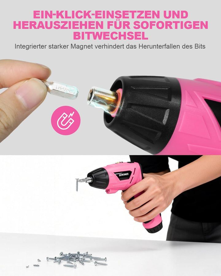 DEWINNER Akkuschrauber Rosa 3,6V 3N.m 1300mAh – Kompakter Bohrschrauber mit LED-Licht, USB-C Ladekab