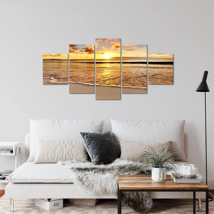Runa Art Wandbilder Sonnenuntergang Strand 5 Teilig Bild auf Vlies Leinwand Deko Schlafzimmer Wohnzi