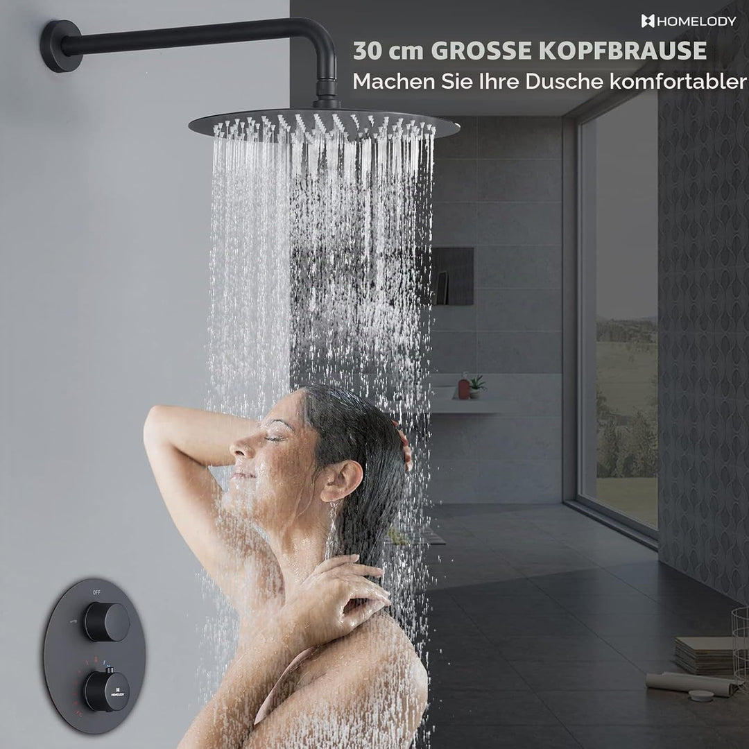 HOMELODY Schwarz Duscharmatur Regendusche Unterputz Duschsystem mit Thermostat,Unterputz Duscharmatu