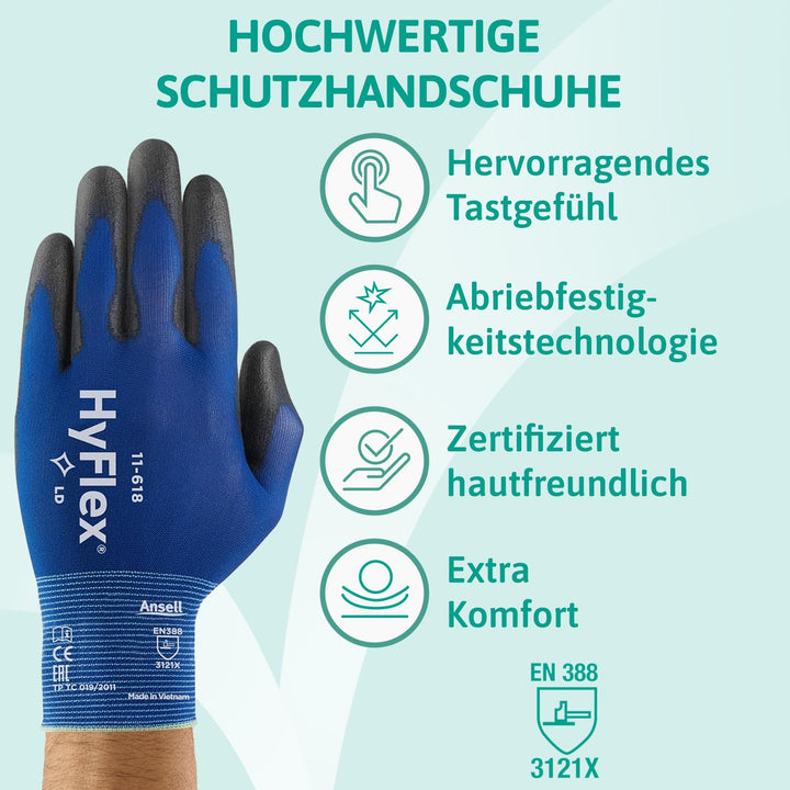 Ansell HyFlex 11-618 Dünne Arbeitshandschuhe, PU Beschichtung, Schutzhandschuhe für Präzise Arbeiten