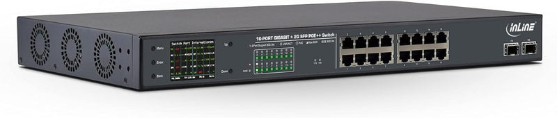 InLine® PoE++ Gigabit Netzwerk Switch 16 Port, 1GBit/s, 2xSFP, 19", Metall, Lüftersteuerung, mit Dis