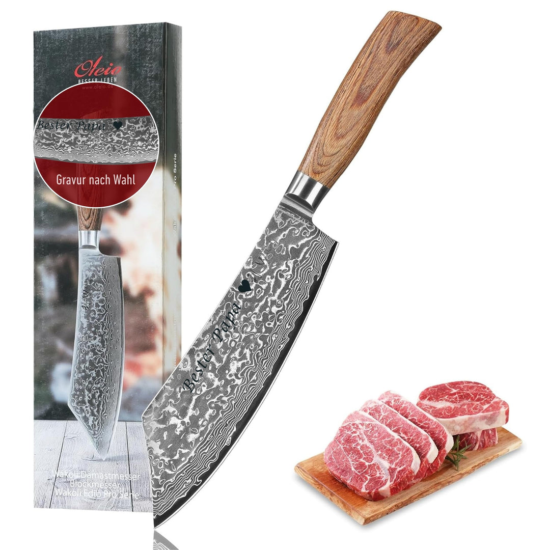 Wakoli EDIB Pro Damast Blockmesser mit Gravur – Personalisiertes BBQ-Messer, 20cm Klinge aus 67 Lage
