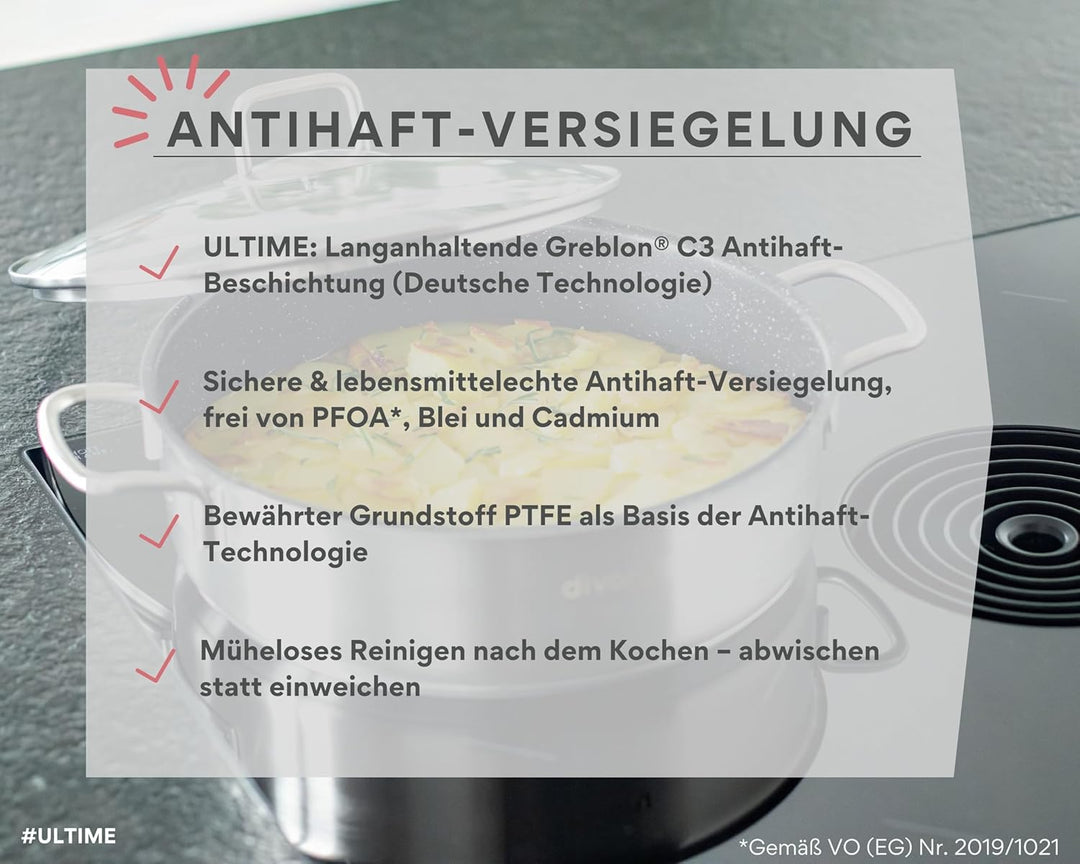 DIVORY Schmorpfanne 28cm Induktion, Servierpfanne mit Deckel 4,6l Edelstahl – beschichteter Kochtopf