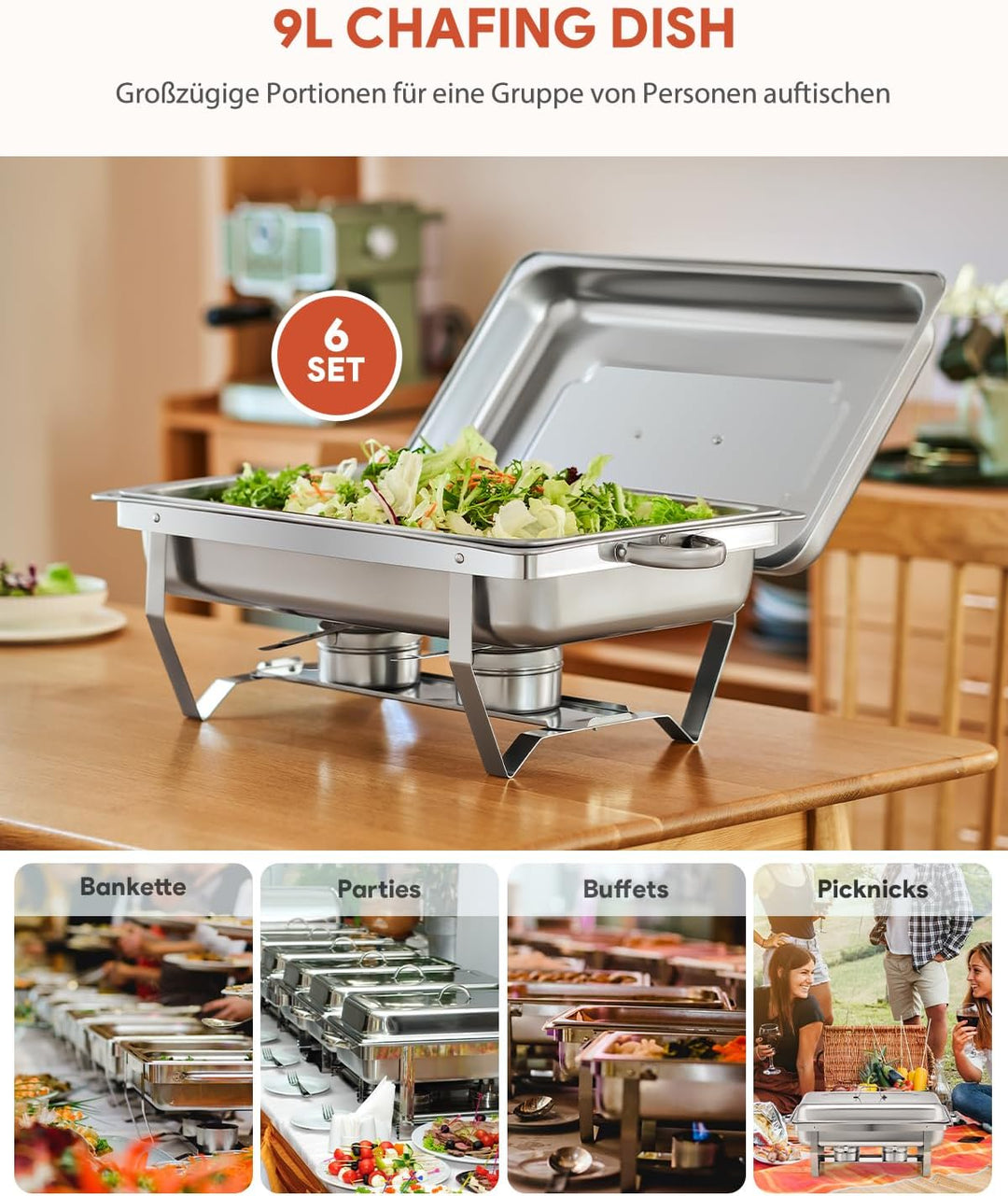 Wilprep Chafing Dish Edelstahl Buffet-Set Warmhaltebehälter Speisenwärmer Wärmebehälter Rechaud für