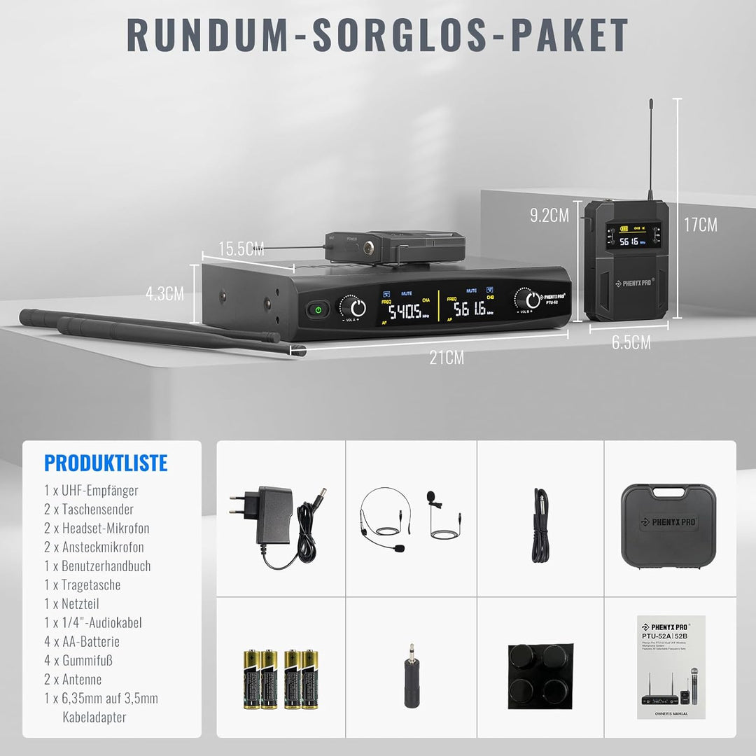 Phenyx Pro UHF Kabelloses Mikrofonsystem mit 2 x 30 abstimmbaren PTU-52-2B | schnurloses Metall-Mikr