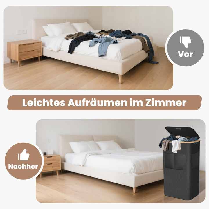 OUSFOT Wäschekorb mit Deckel 105L, Wäschesammler mit Griffen aus Bambus, Laundry Basket Wasserdicht