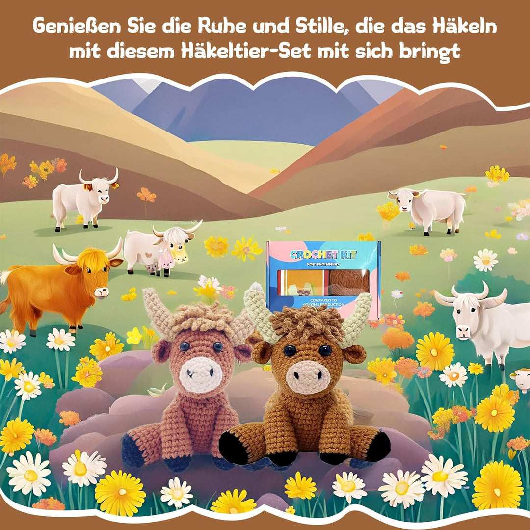 Komplettes Häkelset für Anfänger - Tiere Häkelset, 2 Stück Hochlandrind Strickset für Erwachsene Kin