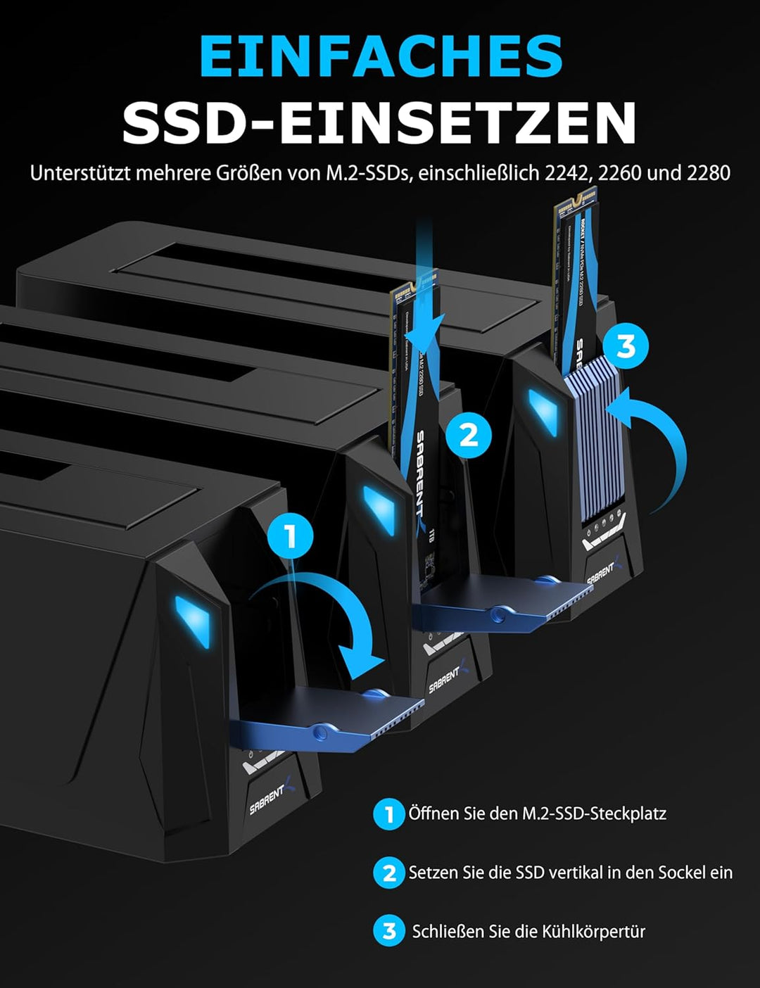 SABRENT USB-C-Dockingstation für M.2 PCIe/NVMe und SATA 2,5/3,5 Zoll SSD & HDD mit Offline-Klonen, u