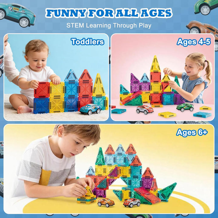 93 PCS Magnetic Tiles Mini Magnetic Building Tiles with Cars, Travel Magnetic Tiles with Storage Bag