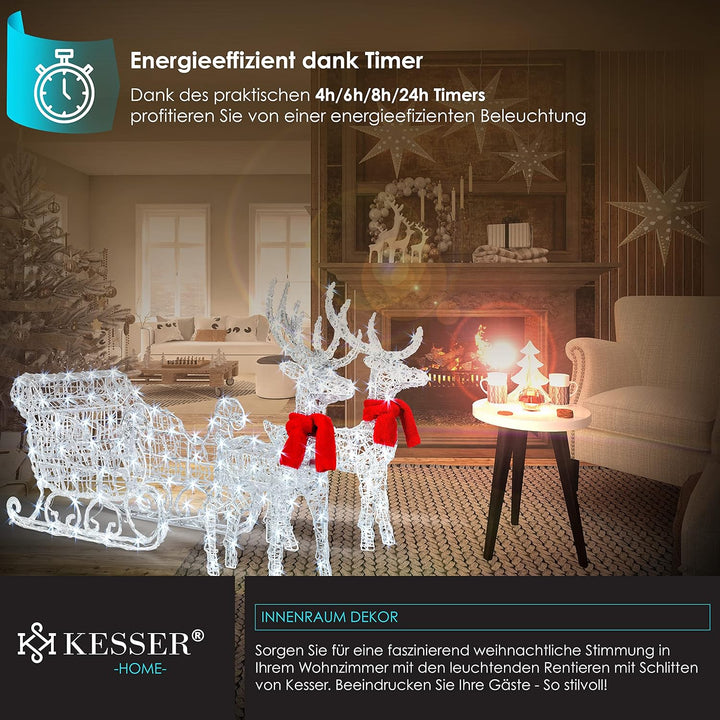 KESSER® 240er LED Rentiere mit Schlitten weiss Timer Inkl. 2X Dekoschal Weihnachtsbeleuchtung für au