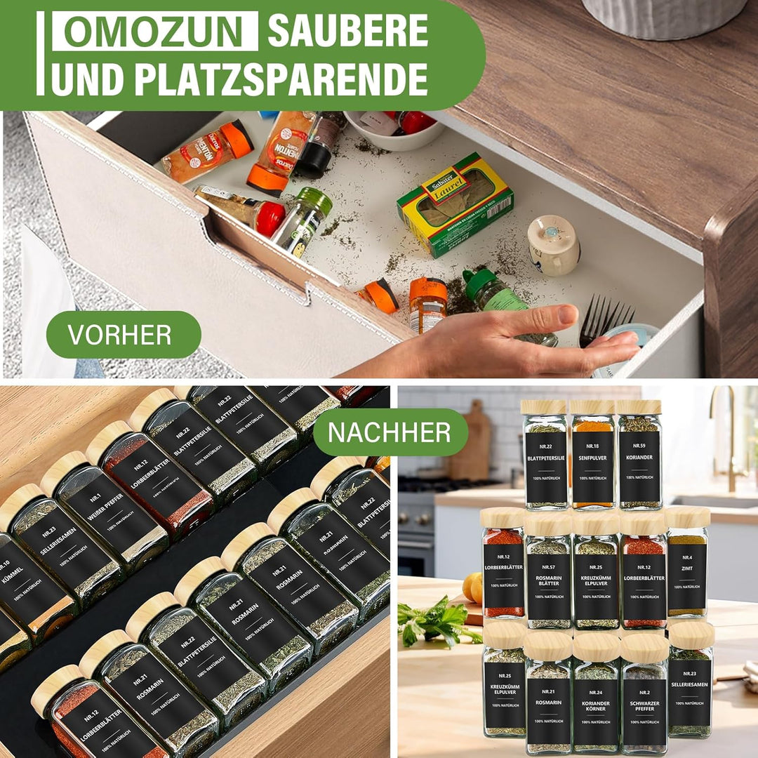 Gewürzgläser Eckig mit Etiketten Set 36er: Kleine Gewürzdosen Glas 120ml mit Streueinsatz Wasserfest
