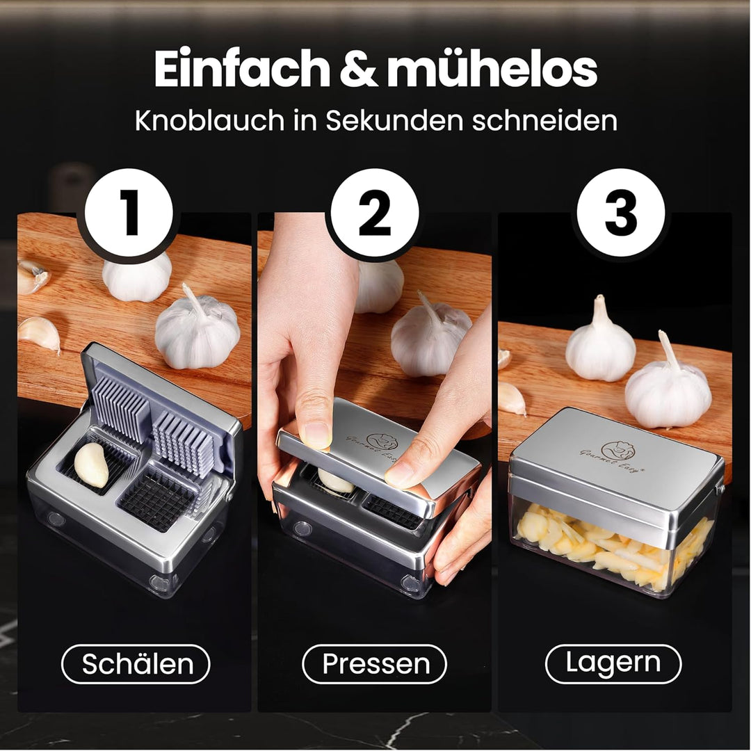 Knoblauchpresse Edelstahl 2-in-1 – Knoblauchschneider & Knoblauch Zerkleinerer mit Auffangbehälter,