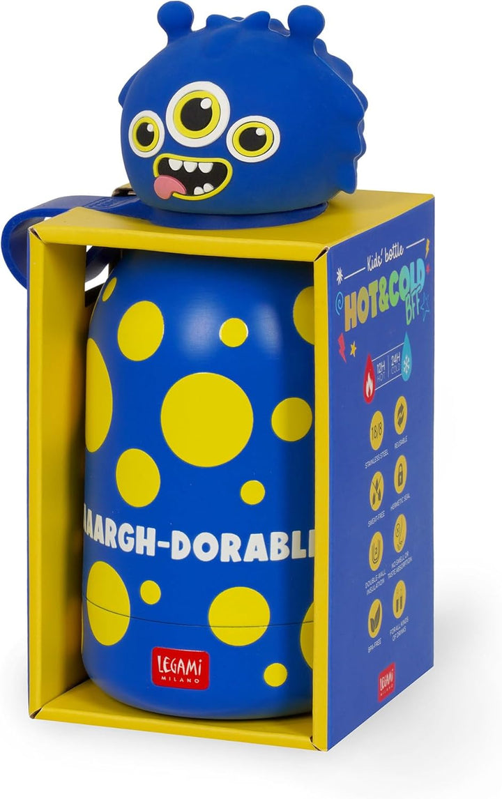Legami - Hot&Cold BFF Kinder-Wasserflasche, Monster-Motiv, doppellagig aus 18/8 Edelstahl mit luftdi