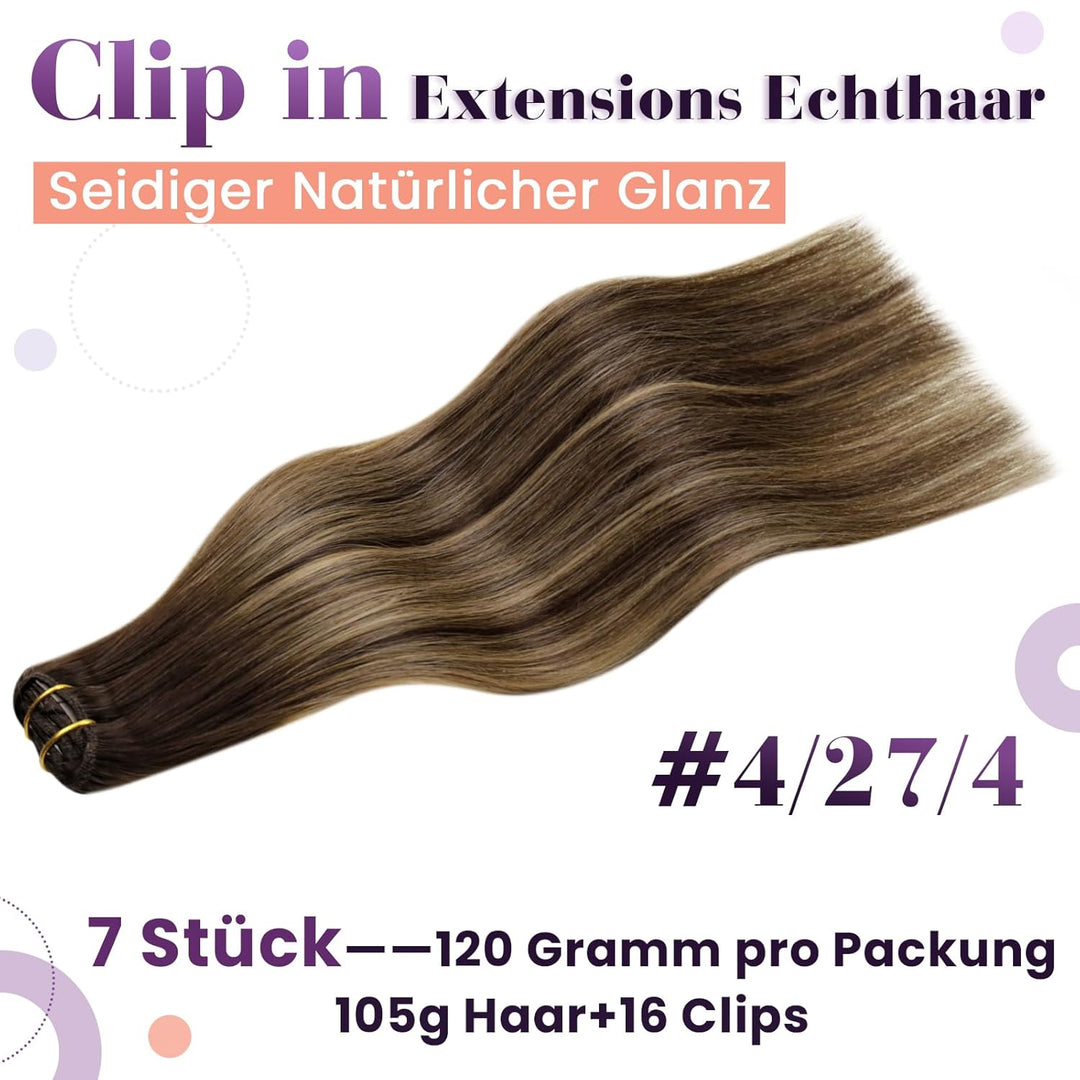 LaaVoo Echthaar Extensions Clip Balayage 50cm Dunkelbraun mit Karamellblond Remy Haarverlängerung Cl