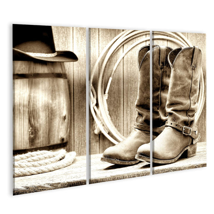 islandburner Bild auf Leinwand Amerikanischer Westen Rodeo Cowboystiefel Alte Ranch Scheune Bilder W