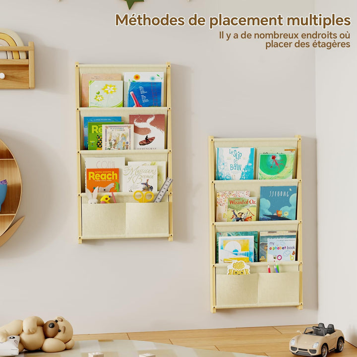 Bücherregal Kinder Wand Holz, mit 4 Lagige Taschen Wandregal Bücher Kinder, Montessori Bücherregal f