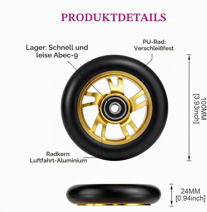 2 Stück Pro Stunt Scooter Rollen 100mm, Stunt Scooter Räder with ABEC-9 Bearings, Thickened PVC Repl