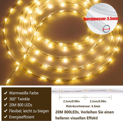 StarryEver 20m 800 LED Schlauch Lichterkette Aussen Anschliessbar, Warmweiss LED Lichterschlauch Str