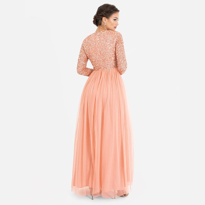Maya Deluxe Damen Womens Ladies Dress Sleeve for Wedding Guest V Neck High Empire Waist Maxi Long Le
