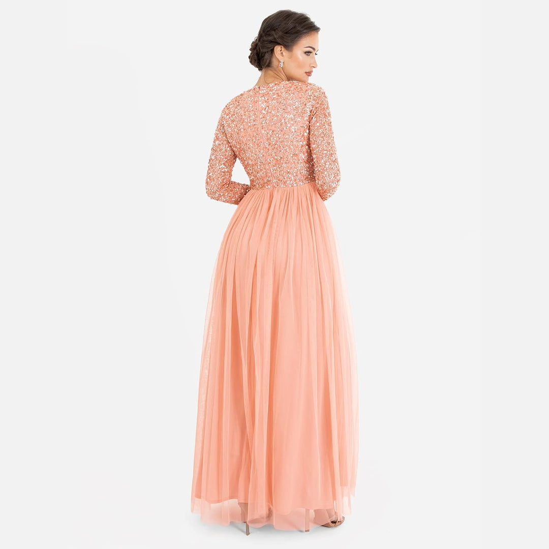 Womens Ladies Dress Sleeve for Wedding Guest V Neck High Empire Waist Maxi Long Length Evening Bride
