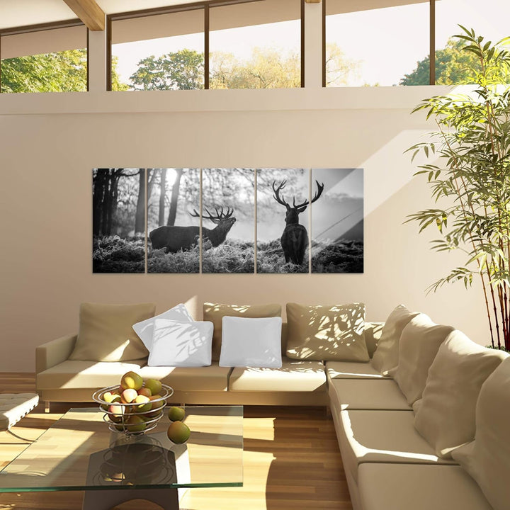 Runa Art Wandbild XXL Winter Hirsch Wohnzimmer Schlafzimmer 200 x 80 cm Schwarz Weiss 5 Teilig - Mad