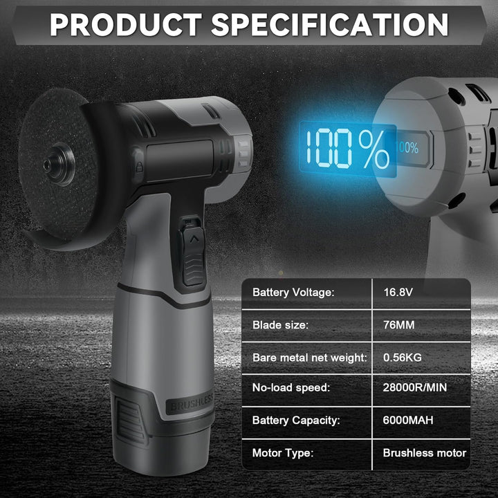 Akku Winkelschleifer, 16.8V Mini Winkelschleifer mit 2 x Batterien 3000mah, 76MM, 32000rpm, Mini Akk
