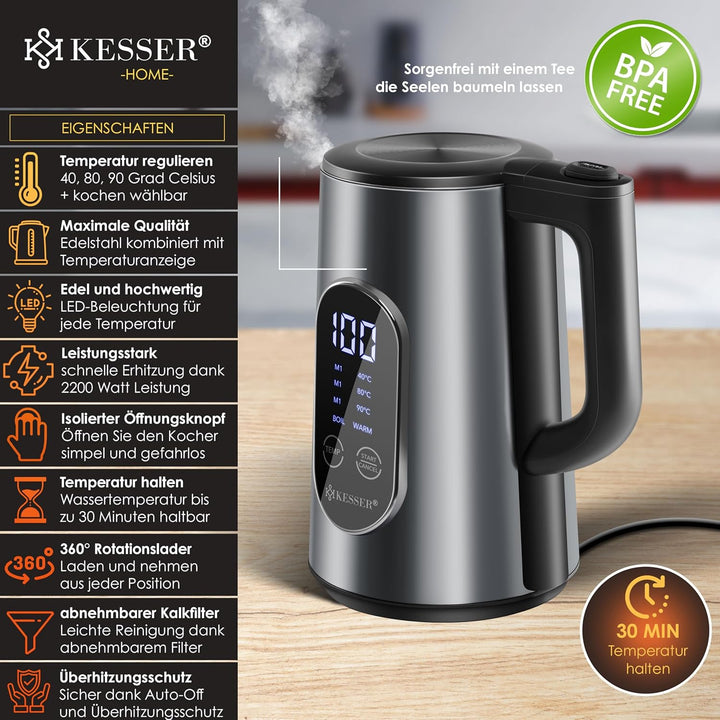 KESSER® Wasserkocher Edelstahl 1.5 Liter | LED-Anzeige | 4-Modi Temperatureinstellung 40°C-100°C | 3