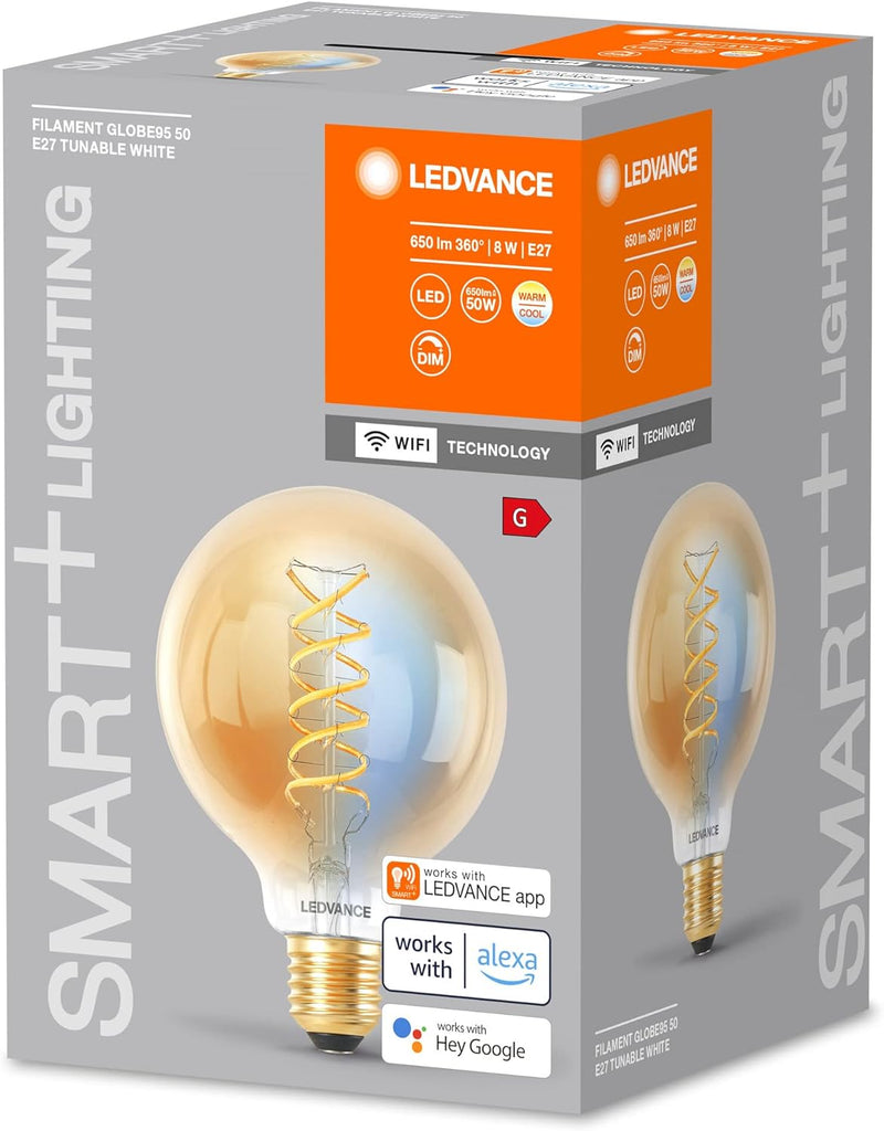 LEDVANCE SMART+ WIFI LED-Lampe, Gold-Tönung, 8W, 650lm, Kugel-Form mit 95mm Durchmesser & E27, regul