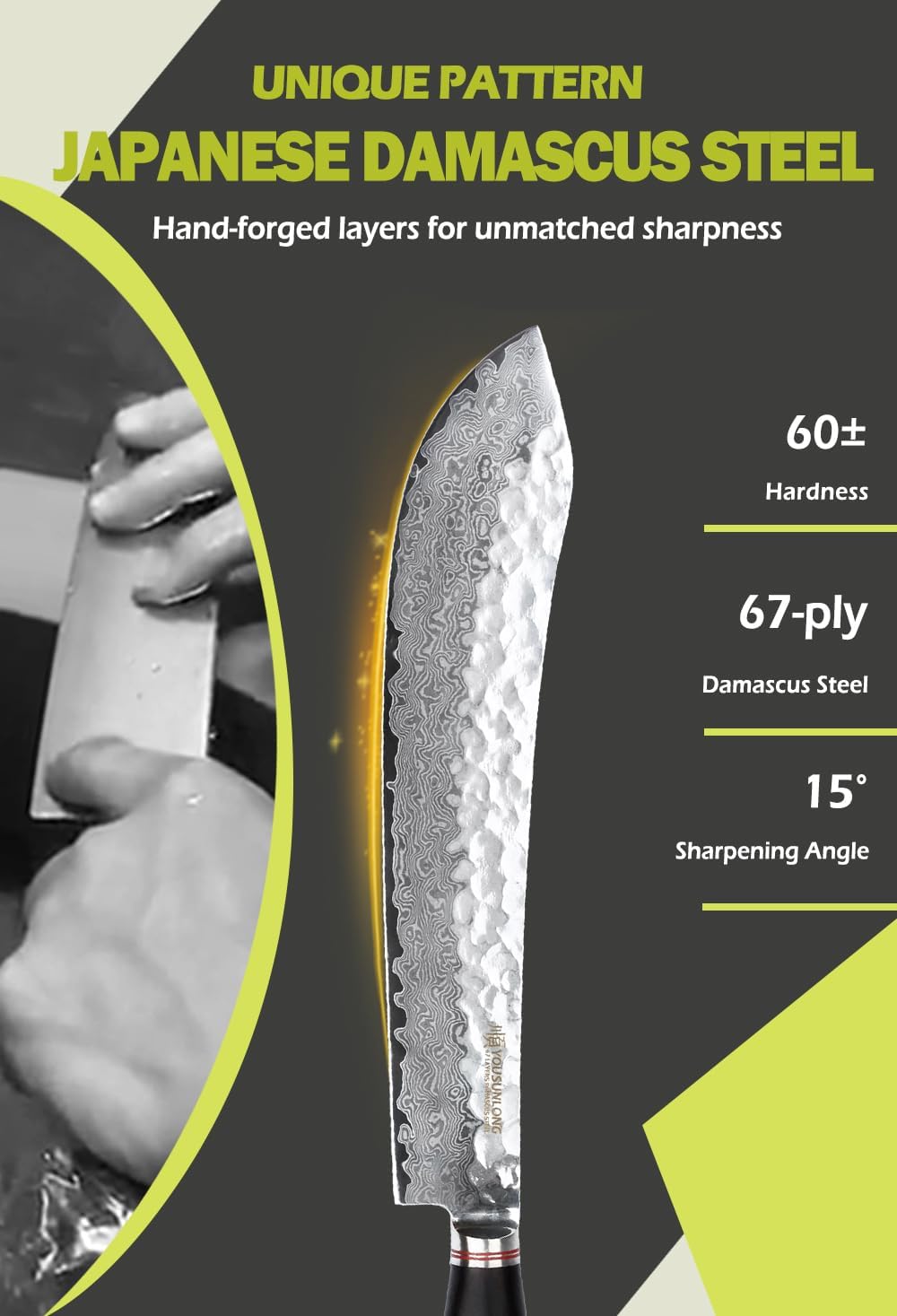 YOUSUNLONG Damast Blockmesser gross - Klinge 30,00 cm Länge - extra scharfes Profi Metzgermesser mit