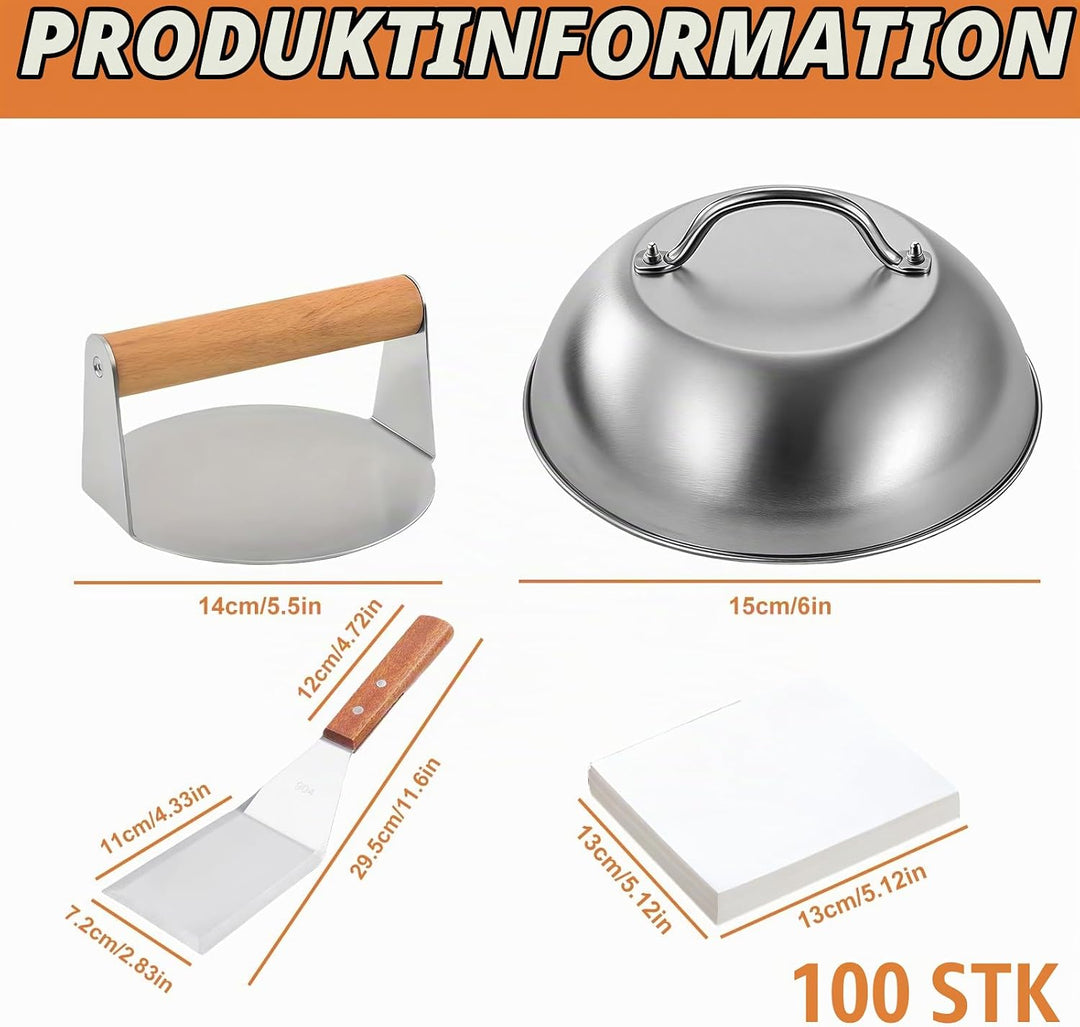 Smash Burger Set, 3-Teilig Burgerpresse Set inkl.5,5 Zoll Round Smash Burger Press &amp; Burgerglocke &amp;