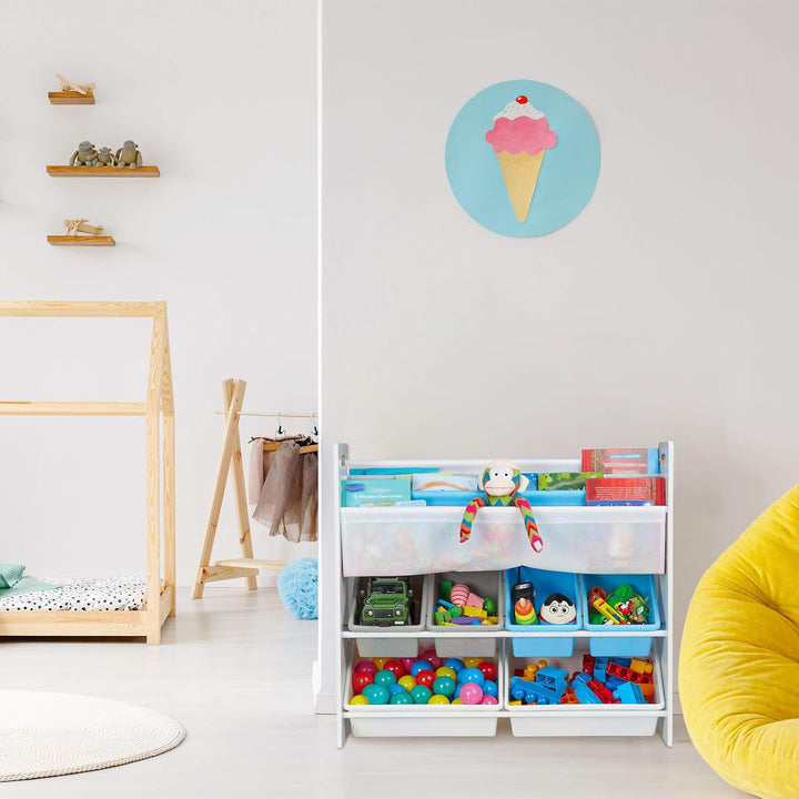 Relaxdays Kinderregal, 6 Boxen, 4 Stofffächer, Lagerfeuer Kindermotiv, Spielzeugregal HxBxT: 78 x 86