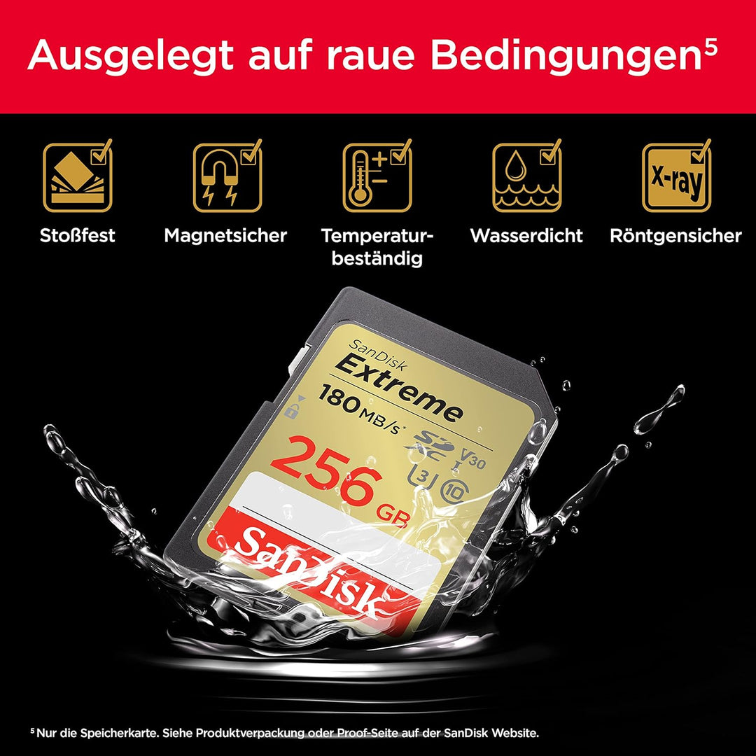 SanDisk Extreme SDXC UHS-I Speicherkarte 256 GB (V30, 180 MB/s Übertragung, U3, 4K UHD Videos, SanDi