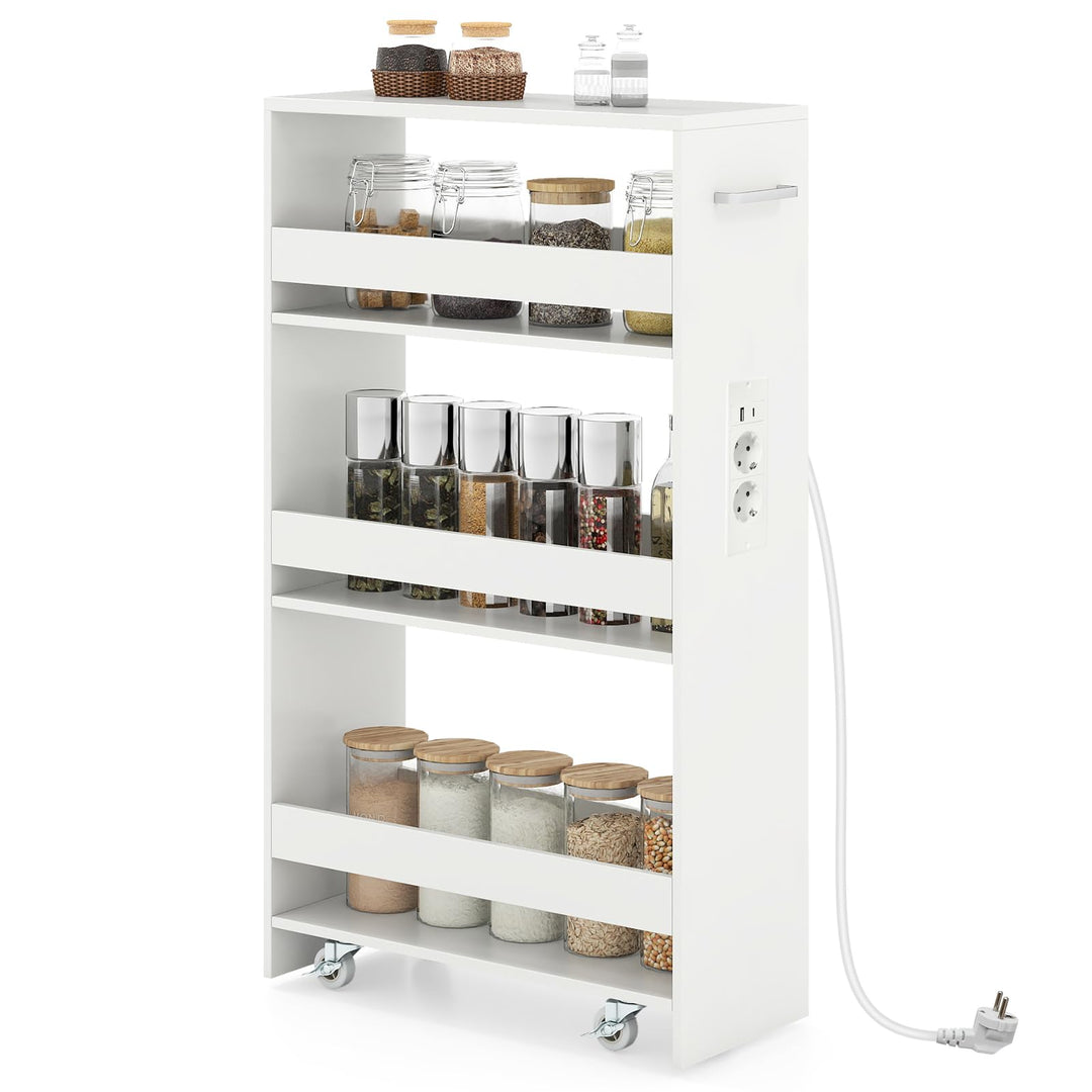 COSTWAY Nischenwagen 20cm breit, 4 Etagen Küchenwagen schmal mit Ladestation, Nischenregal auf Rolle