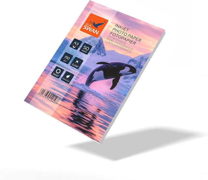 BLUE SWAN Fotopapier A3, 150 g/m², 50 Blatt – Hochglänzend, spritzwasserabweisend, einseitig beschic
