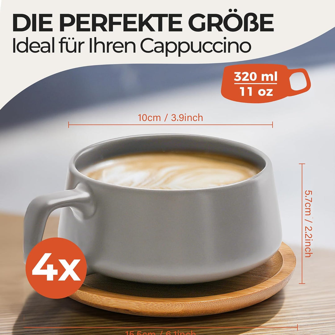 MIAMIO - 4 x 320 ml Kaffeetassen/Cappuccino Tassen mit Unterteller/elegant/modern/Kaffeebecher aus S