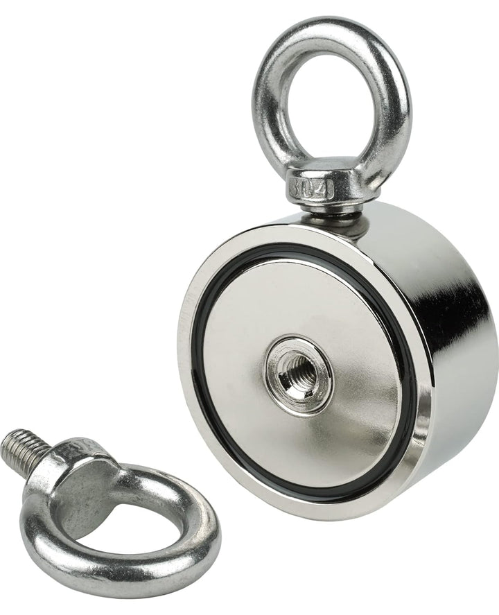 SENSEI Magnet 150 kg, Doppelseitiger Neodym-Magnet N52 mit 2 Ösen oben und seitlich, Ø6 x H2,7 cm, M