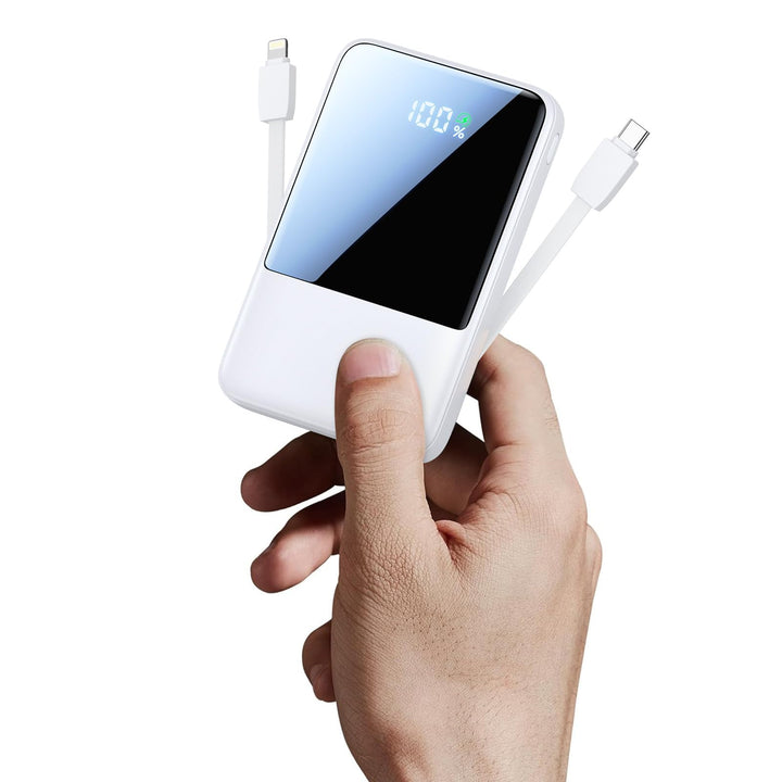 Aioneus Power Bank, Mini Powerbank 10000mAh mit integrierte Kabel (USB-C + Lightning) - Klein 22.5W
