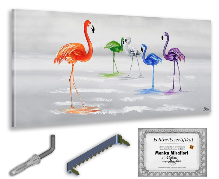 Monica Mirafiori I 100% HANDGEMALT I Gemälde Flamingos 140x70cm | Gemälde Handgemalt | Acrylgemälde