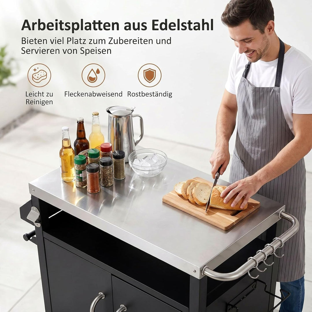 TLSUNNY Grilltisch Outdoor, Grillwagen mit Edelstahl Tischplatte 75x50 cm, Grill Trolley mit Untersc